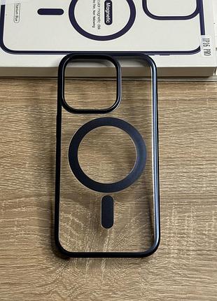 Чохол на iphone 16 pro прозорий пластиковий з синім бортиком, магнітний magsafe