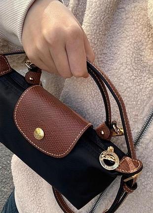 Сумка жіноча longchamp  міні чорна з коричневими ручками