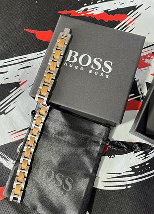 Чоловічий браслет boss — нержавіюча сталь, дерев'яні вставки, сріблястий, стильний дизайн