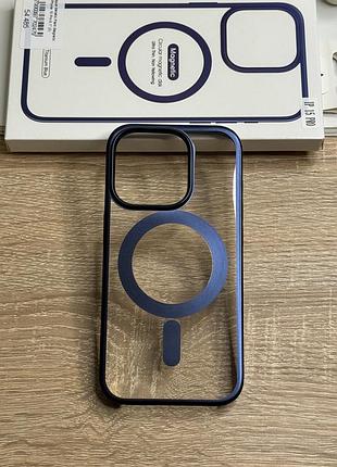Чохол на iphone 15 pro прозорий пластиковий з синім бортиком, магнітний magsafe