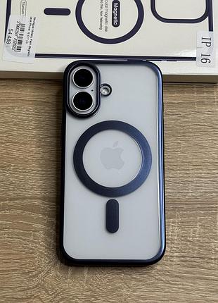 Чохол на iphone 16 прозорий пластиковий з синім бортиком, магнітний magsafe