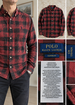 Мужская красно-черная фланелевая рубашка в клетку polo ralph lauren custom fit (100% хлопок, размер s)