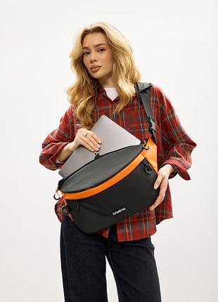 Жіноча cумка-бананка під ноутбук sambag urban laptop чорно-оранжева