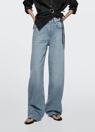 Голубые джинсы massimo dutti модель 5040 цвет 406 хлопок 100% деним высокая посадка wide leg в пол