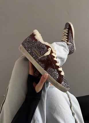 Зимові кросівки golden goose superstar metallic sparkles / brown fur premium