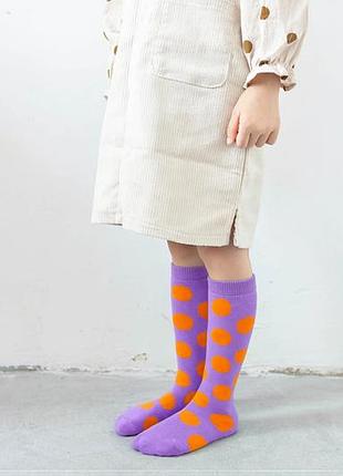 Гольфы детские до колена в крупный горох 30 см высокие носки one size 3-12 сиренево оранжевые