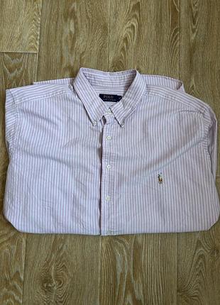 Рожево-біла сорочка в смужку від бренду polo ralph lauren з фірмовим вишитим логотипом на грудях