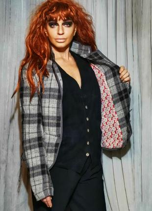 Вовняний жакет куртка піджак у клітинку шерсть marithe francois girbaud з бахромою3 фото