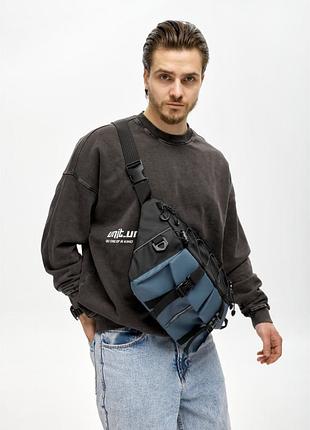 Чоловіча cумка-бананка під ноутбук sambag urban pro чорно-синя
