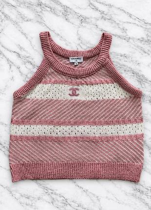 Трикотажний топ, майка chanel рожева/біла, xs/s