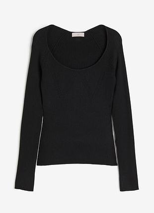 Лонгслів жіночий h&m чорний в рубчик з фігурним вирізом вʼязаний в рубчик светр кофта джемпер