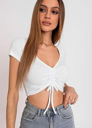 Базовий білий котоновий кроп топ зара zara в рубчик на зав'язках з великим вирізом глибоким декольте,р.s.