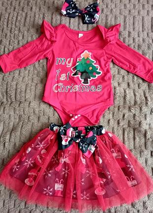 Комплект для дівчаток новорічний my first christmas, рожевий, 6-9 місяців