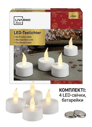 Led свічки-таблетки livarno home, 4 шт., ефект мерехтіння полум'я, тепле біле світло, на батарейках