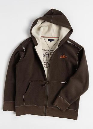 Жіноча, вінтажна кофта tommy hilfiger коричневого кольору з капюшоном та внутрішньою підкладкою з м’якого флісу. модель має повну застібку на