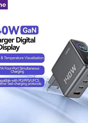 Зарядное устройство gan zime 140w qs140a3c smart display charger (3x type-c + 1x usb-a, серый)