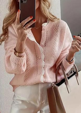 🌸 жіночий рожевий кардиган з мереживною обробкою на ґудзиках l