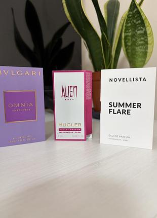 Пробники парфумів bvlgari omnia amethyste eau de toilette 1,5 мл, mugler alien eau de parfum 1,2 мл, novellista summer flare eau de parfum