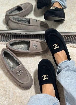 Лофери жіночі chanel чорні, сірі замшеві
