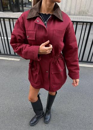 Накладной платеж ❤ утепленная демисезонная парка куртка удлинена на кулиске приталенная с вельветовым воротничком