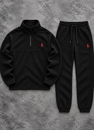 Мужской костюм флиска + флисовые штаны с вышитым логотипом polo черный 3xl