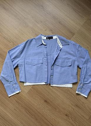 Жіноча укорочена оксфордська сорочка zara синя бавовняна розмір xs