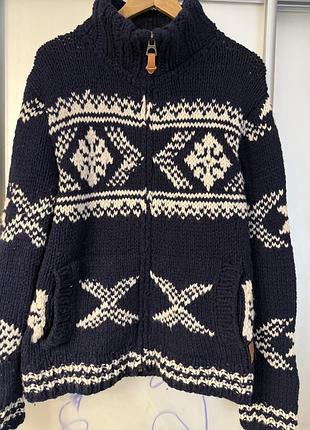 Чоловіча куртка scotch & soda в'язана, 100% натуральна шерсть, розмір l, синя з білим візерунком