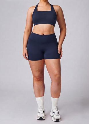 Спортивний плюс сайз комплект: топ + шорти  7426-91260 s-3xl  темно-синій набір жіночий на тренування еластичний нейлоновий великого розміру
