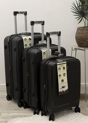 Комплект чемоданов с расширением полипропиленовый msb (s, m, l) 3 в 1 на колесах 4 колеса черный арт. msb 0814 (чер) all