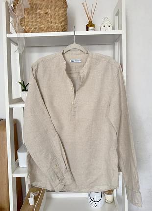 Чоловіча лляна сорочка zara бежева