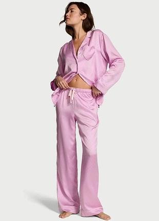 Жіноча піжама victoria's secret signature satin heart long pajama set рожева сатинова розмір s