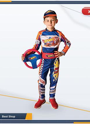 Дитячий карнавальний костюм пілота hot wheels race team з кермом, кепкою та поясом, синій, розмір 5-7 років