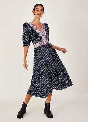 Сукня міді monsoon v-neck frill midi jersey dress in sustainable cotton black