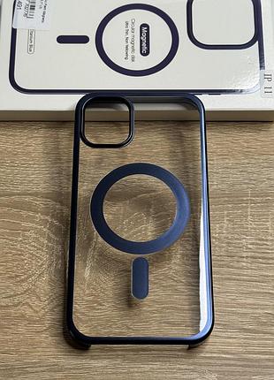 Чохол на iphone 11 прозорий пластиковий з синім бортиком, магнітний magsafe