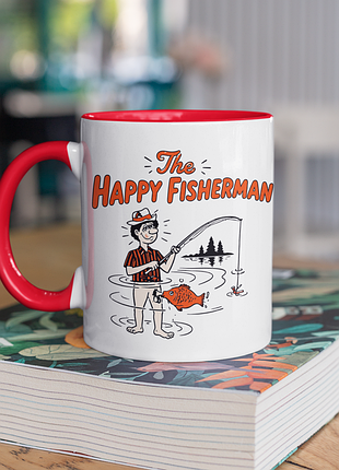 Чашка керамическая с принтом "happy fisherman" 330 мл, белая с красной ручкой