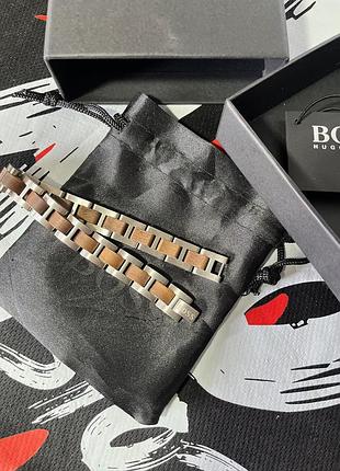 Мужской браслет boss — нержавеющая сталь, темно-коричневые деревянные вставки, серебристый