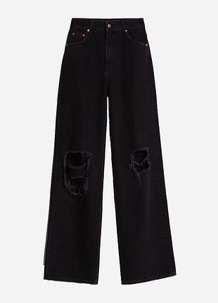Черные широкие джинсы с потертостями и разрезами zara