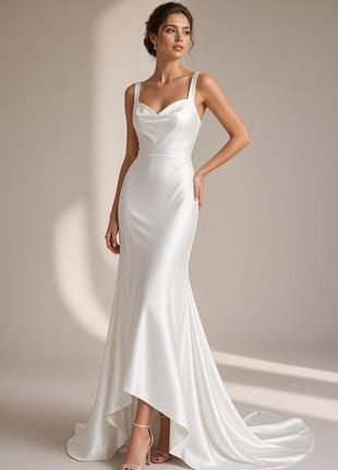 Неймовірна сатинова сукня плаття зі шлейфом приталена весільна