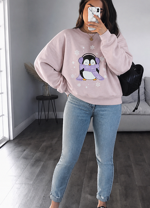 Світшот рожевий утеплений 🌸 з начісом 🎀 fb sister 🐧 з принтом пінгвін оверсайз🤍 розмір л/хл