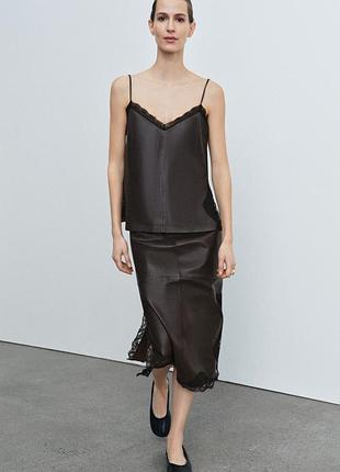 Кожаная юбка с кружевом zara woman, 100% натуральная кожа