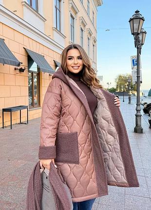 🌹батал большие размеры 🌹 утепленное пальто стеганое на запах под пояс с капишоном осеннее