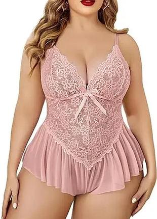 Женский кружевной боди пудрово-розовый plus size