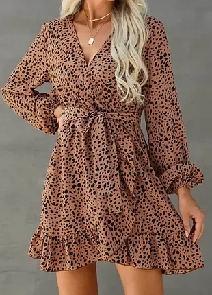 Коротка сукня жіноча shein long sleeve ruffle wrap dress далматинський принт s