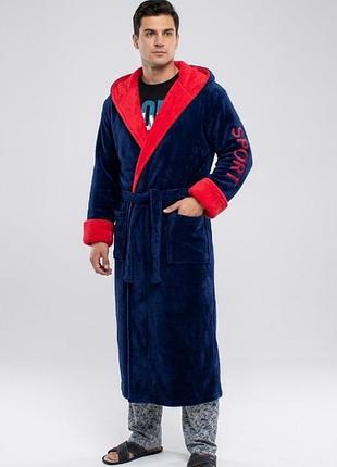 Чоловічий махровий халат з капюшоном та вишивкою «sport» (розміри s – 6xl)