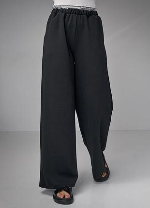 Трикотажні жіночі штани з подвійним поясом - чорний цвет, m (є розміри)