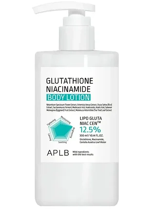 Aplb glutathione niacinamide body lotion лосьйон для тіла для сяйва та вирівнювання тону шкіри з глутатіоном і ніацинамідом 300 мл.
