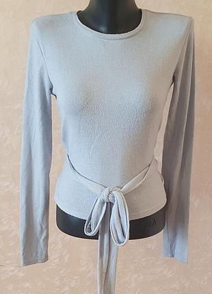 Нежный голубой лонгслив zara с поясом-завязкой, мягкая кофточка с вискозой, размер s
