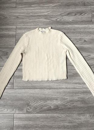 Кремовий кроп-топ у дрібний рубчик із довгими рукавами zara