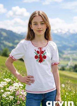 Футболка вышиванка для девочки вышиванка 7-8-9 лет, рубашка вышитая 113-136, футболка вышитая белая детская для девочки с вышитыми красными маками