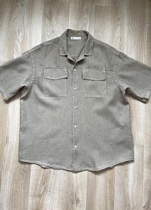 Сорочка чоловіча zara 100% льон короткий рукав розмір xl